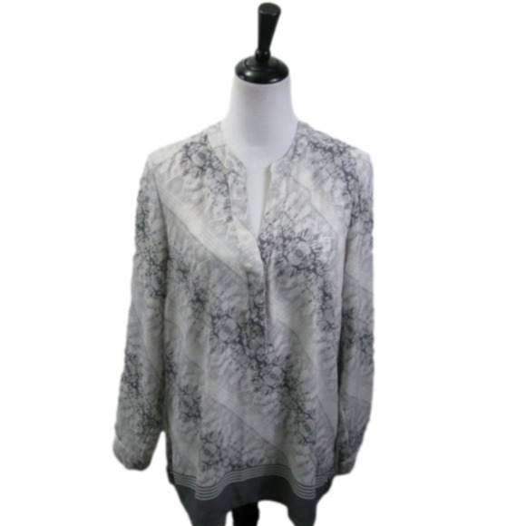 Rose & Olive Gray/White Patterned Semi-Sheer V-Slit Blouse Size Large - Picture 1 of 5